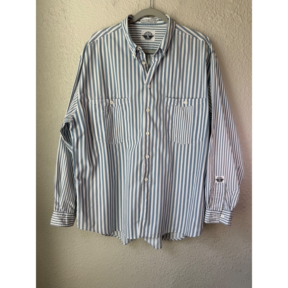 Vintage Dockers by Levi's Blue White Stripe Button Up Shirt XL Hong Kong Cotton